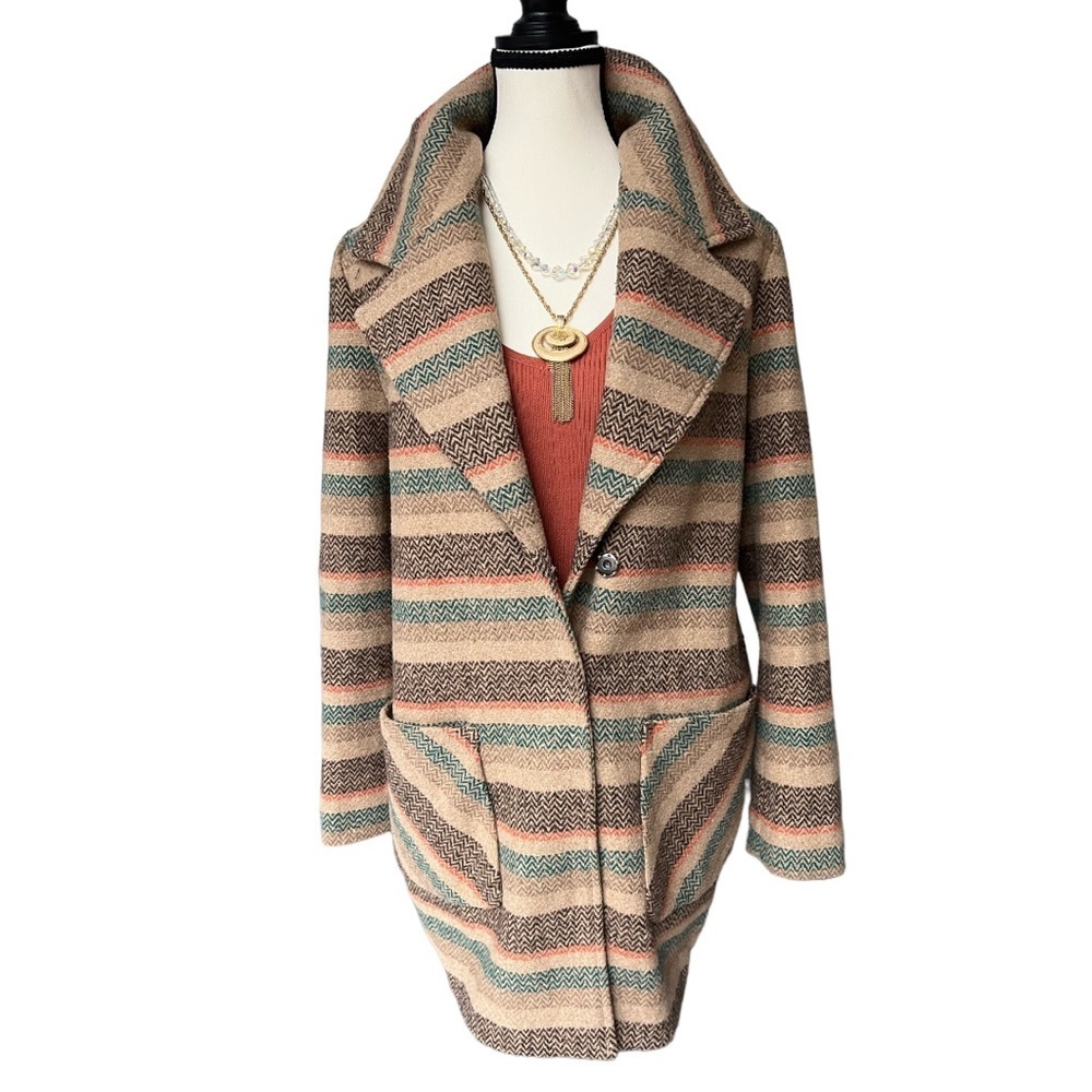Anthropologie Tulle Wool Blend Neutral Stripe Peacoat